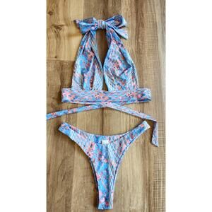 Strawberry Milk Mob Aquamarine 2 Pc Bikini Size Med Blue Pink PERFECT halter...